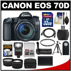 Canon EOS 70D Digital SLR Camera & EF-S 18-135mm IS STM Lens with 32GB Card + Case + Battery + Grip + Tripod + Tele/Wide Lenses Kit