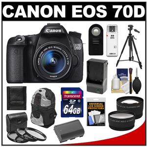 Canon EOS 70D Digital SLR Camera & EF-S 18-55mm IS STM Lens with 64GB Card + Battery & Charger + Backpack + 3 Filters + Tripod + Tele & Wide Lens Kit