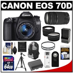 Canon EOS 70D Digital SLR Camera & EF-S 18-55mm IS STM Lens with 75-300mm Lens + 64GB Card + Battery/ Charger + Backpack + Tripod + Tele/Wide Lens Kit