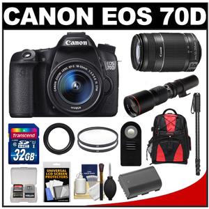 Canon EOS 70D Digital SLR Camera & EF-S 18-55mm IS STM Lens with 55-250mm IS STM & 500mm Lenses + 32GB Card + Battery + Backpack + Monopod Kit