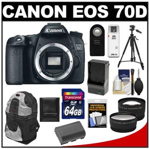 Canon EOS 70D Digital SLR Camera Body with 64GB Card + Battery & Charger + Backpack + Tripod + Tele/Wide Lens Kit