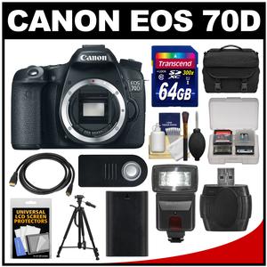 Canon EOS 70D Digital SLR Camera Body with 64GB Card + Case + Flash + Battery + Tripod + Remote + Accessory Kit