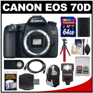 Canon EOS 70D Digital SLR Camera Body with 64GB Card + Backpack + Flash + Battery + Flex Tripod + Remote Kit