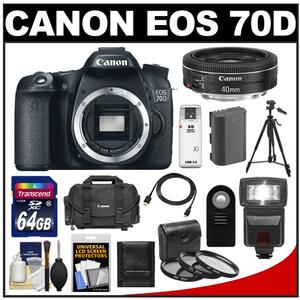 Canon EOS 70D Digital SLR Camera Body with 40mm f/2.8 STM Lens + 64GB Card + Battery + Case + Flash + Remote + Tripod + Kit