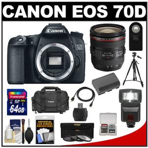 Canon EOS 70D Digital SLR Camera Body with EF 24-70mm f/4L IS Lens + 64GB Card + Battery + Case + Flash + Tripod + Accessory Kit