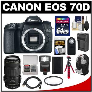 Canon EOS 70D Digital SLR Camera Body with EF 70-300mm IS Lens + 64GB Card + Backpack + Flash + Battery + Charger + Tripod Kit