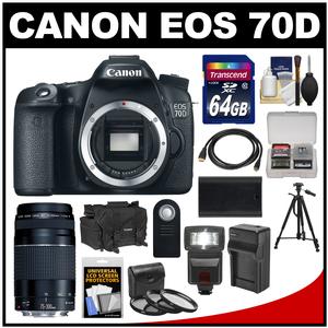 Canon EOS 70D Digital SLR Camera Body with 75-300mm III Lens + 64GB Card + Case + Flash + Battery + Charger + Tripod + Kit