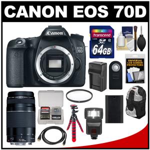 Canon EOS 70D Digital SLR Camera Body with 75-300mm III Lens + 64GB Card + Backpack + Flash + Battery + Charger + Tripod Kit