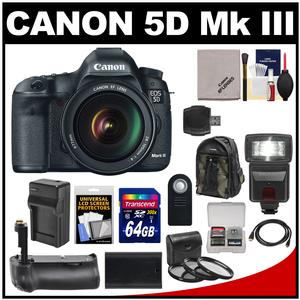 Canon EOS 5D Mark III Digital SLR Camera with EF 24-105mm L IS USM Lens with 64GB Card + Battery + Charger + Backpack + Grip + Flash + Accessory Kit