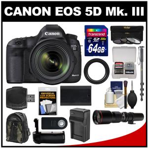 Canon EOS 5D Mark III Digital SLR Camera with EF 24-70mm f/4.0L IS USM Lens with 500mm Telephoto Lens + 64GB Card + Backpack + Battery & Charger + Grip + Monopod Kit