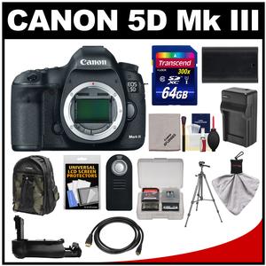 Canon EOS 5D Mark III Digital SLR Camera Body with 64GB Card + Backpack + Battery/Charger + Grip + Tripod + Kit
