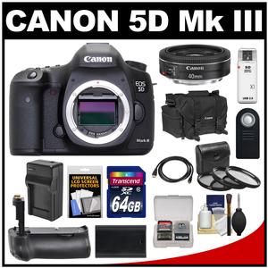 Canon EOS 5D Mark III Digital SLR Camera Body with 40mm f/2.8 STM Lens + 64GB Card + Grip + Battery & Charger + Case + Filters Kit