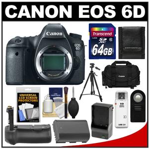 Canon EOS 6D Digital SLR Camera Body with 64GB Card + Case + Battery & Charger + Battery Grip + Tripod + Remote + Accessory Kit