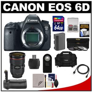 Canon EOS 6D Digital SLR Camera Body with EF 24-70mm f/2.8 L II Lens + 64GB Card + Battery + Grip + Case + 3 Filters Kit