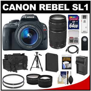 Canon EOS Rebel SL1 Digital SLR Camera & EF-S 18-55mm IS STM Lens (Black) with 75-300mm III Lens + 64GB Card + Battery + Case + Tele/Wide Lenses + Tripod Kit