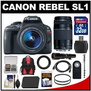 Canon EOS Rebel SL1 Digital SLR Camera & EF-S 18-55mm IS STM Lens (Black) with 75-300mm III & 500mm Lenses + 32GB Card + Backpack + Battery + Monopod + Kit
