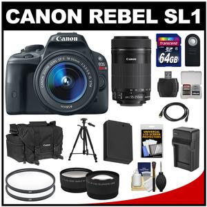 Canon EOS Rebel SL1 Digital SLR Camera & EF-S 18-55mm IS STM Lens (Black) with 55-250mm IS STM Lens + 64GB Card + Battery + Case + Tripod + Tele/Wide Lens Kit