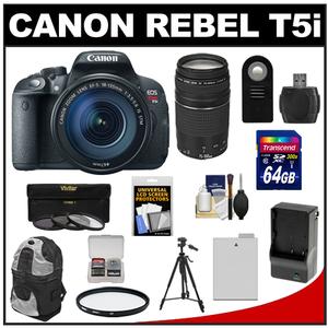 Canon EOS Rebel T5i Digital SLR Camera & EF-S 18-135mm IS STM Lens with EF 75-300mm III Lens + 64GB Card + Battery + Backpack + 3 Filters Kit Canon EOS Rebel T5i Digital SLR Camera & EF-S 18-135mm IS STM Lens with EF 75-300mm III Lens + 64GB Card + Battery + Backpack + 3 Filters Kit