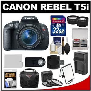 Canon EOS Rebel T5i Digital SLR Camera & EF-S 18-55mm IS STM Lens with 32GB Card + Case + Battery/Charger + Tele/Wide Lenses + 3 Filters Kit