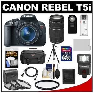 Canon EOS Rebel T5i Digital SLR Camera & EF-S 18-55mm IS STM Lens with EF 75-300mm III Lens + 64GB Card + Battery + Case + Flash + 3 UV/CPL/ND8 Filters Kit