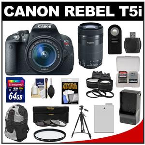 Canon EOS Rebel T5i Digital SLR Camera & EF-S 18-55mm IS STM Lens with EF-S 55-250mm IS STM Lens + 64GB Card + Battery + Backpack + Tele\/Wide Lenses Kit