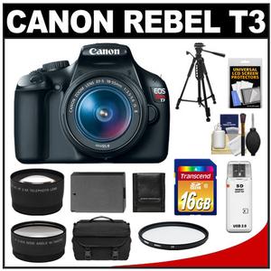 Canon EOS Rebel T3 Digital SLR Camera Body & EF-S 18-55mm IS II Lens - Refurbished with 16GB Card + Battery + Filter + Tripod + Case + Telephoto & Wide-Angle Le - Digital Cameras and Accessories - Hip Lens.com