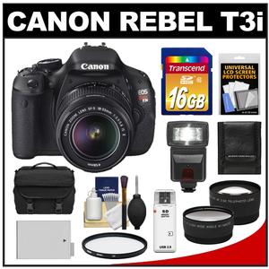 Canon EOS Rebel T3i Digital SLR Camera Body & EF-S 18-55mm IS II Lens - Refurbished with 16GB Card + Battery + Filter + Flash + Case + Telephoto & Wide-Angle Le - Digital Cameras and Accessories - Hip Lens.com