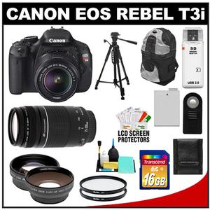 Canon EOS Rebel T3i Digital SLR Camera Body & EF-S 18-55mm IS II Lens with 75-300mm III Lens + 16GB Card + Tripod + Case +Filter + Telephoto/Wide-Angle Lens Kit - Digital Cameras and Accessories - Hip Lens.com