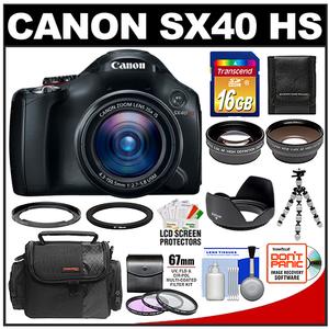 Canon PowerShot SX40 HS Digital Camera (Black) with 16GB Card + Case + Flex Tripod + 2x Telephoto & .45x Wide-Angle Lens + Hood + Kit - Digital Cameras and Accessories - Hip Lens.com