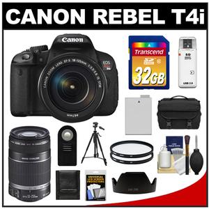 Canon EOS Rebel T4i Digital SLR Camera Body & EF-S 18-135mm IS STM Lens with 55-250mm IS Lens + 32GB Card + Tripod + Battery + Case + Filters + Accessory Kit - Digital Cameras and Accessories - Hip Lens.com