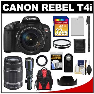 Canon EOS Rebel T4i Digital SLR Camera Body & EF-S 18-135mm IS STM Lens with 55-250mm IS & 500mm Tele Lens + 32GB + Monopod + Battery + Backpack + Accessory Kit - Digital Cameras and Accessories - Hip Lens.com