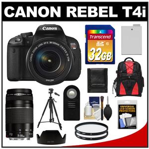 Canon EOS Rebel T4i Digital SLR Camera Body & EF-S 18-135mm IS STM Lens with 75-300mm III Lens + 32GB Card + Tripod + Battery + Backpack + Filters + Accessory K - Digital Cameras and Accessories - Hip Lens.com