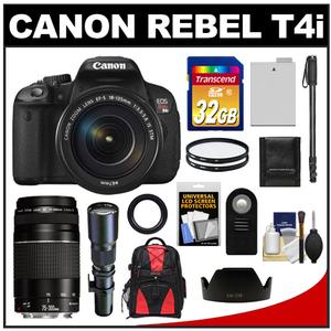 Canon EOS Rebel T4i Digital SLR Camera Body & EF-S 18-135mm IS STM Lens with 75-300mm III & 500mm Tele Lens + 32GB + Monopod + Battery + Backpack + Accessory Ki - Digital Cameras and Accessories - Hip Lens.com