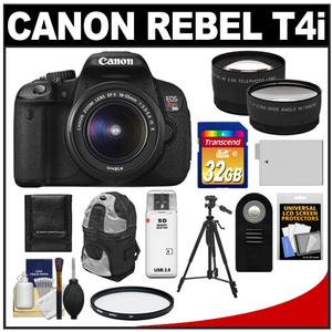 Canon EOS Rebel T4i Digital SLR Camera Body & EF-S 18-55mm IS II Lens with 32GB Card + Battery + Backpack + Tripod + Filter + Remote + Tele/ Wide-Angle Lens Kit - Digital Cameras and Accessories - Hip Lens.com