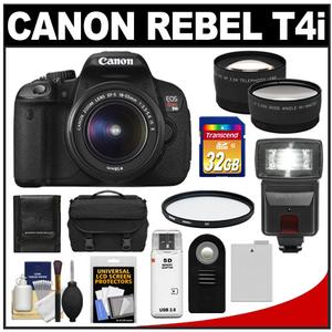 Canon EOS Rebel T4i Digital SLR Camera Body & EF-S 18-55mm IS II Lens with 32GB Card + Flash + Battery + Case + Filter + Remote + Tele & Wide-Angle Lens Kit - Digital Cameras and Accessories - Hip Lens.com
