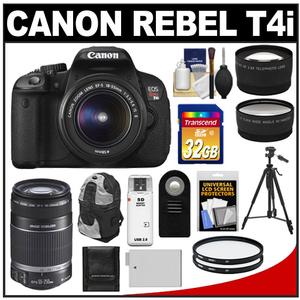 Canon EOS Rebel T4i Digital SLR Camera Body & EF-S 18-55mm IS II Lens with 55-250mm IS Lens + 32GB Card + Tripod + Battery + Backpack + Filters + 2 Lenses Kit - Digital Cameras and Accessories - Hip Lens.com