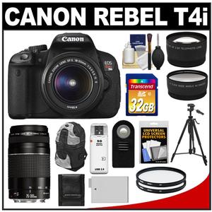 Canon EOS Rebel T4i Digital SLR Camera Body & EF-S 18-55mm IS II Lens with EF 75-300mm III Lens + 32GB Card + Tripod + Battery + Backpack + Filters + 2 Lens Kit - Digital Cameras and Accessories - Hip Lens.com