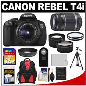 Canon EOS Rebel T4i Digital SLR Camera Body & EF-S 18-55mm IS II Lens with 55-250mm IS Lens + 32GB Card + Tripod + Battery + Backpack + Filters + 2 Lenses Kit - Digital Cameras and Accessories - Hip Lens.com