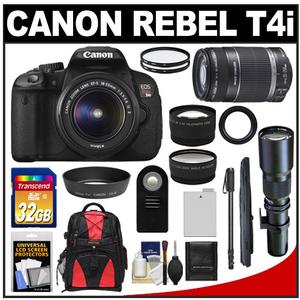 Canon EOS Rebel T4i Digital SLR Camera Body & EF-S 18-55mm IS II Lens with 55-250mm IS Lens & 500mm Tele Lens + 32GB Card + Monopod + Battery + Backpack Kit - Digital Cameras and Accessories - Hip Lens.com