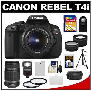 Canon EOS Rebel T4i Digital SLR Camera Body & EF-S 18-55mm IS II Lens with 55-250mm IS Lens + 32GB Card + Case + Flash + Battery + Tripod + 2 Lens + Filters Kit - Digital Cameras and Accessories - Hip Lens.com