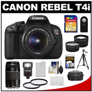 Canon EOS Rebel T4i Digital SLR Camera Body & EF-S 18-55mm IS II Lens with 75-300mm III Lens + 32GB Card + Case + Flash + Battery + Tripod + 2 Lenses Kit - Digital Cameras and Accessories - Hip Lens.com