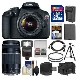 Canon EOS Rebel T5 Digital SLR Camera Body & EF-S 18-55mm IS II Lens with 75-300mm III Lens + 32GB Card + Case + Flash + Battery + Tripod + Kit