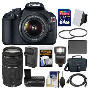 Canon EOS Rebel T5 Digital SLR Camera & EF-S 18-55mm IS II & 75-300mm III Lens & Case with 64GB Card + Flash + Grip + Battery & Charger + Filters + Kit