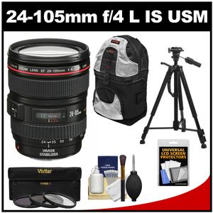Canon EF 24-105mm f/4 L IS USM Zoom Lens with 3 Filters + Sling Backpack + Tripod + Kit