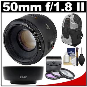 Canon EF 50mm f/1.8 II Lens with Backpack + 3 UV/FLD/CPL Filters + Hood + Cleaning Kit - Digital Cameras and Accessories - Hip Lens.com