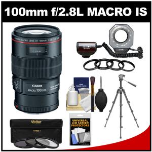 Canon EF 100mm f/2.8 L IS Macro USM Lens with Ringlight + Tripod + 3 Filters Kit