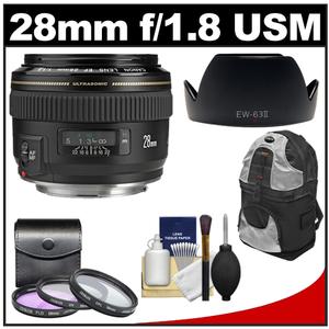 Canon EF 28mm f/1.8 USM Lens with EW-63II Hood + 3 (UV/FLD/CPL) Filters + Backpack Case + Cleaning Kit - Digital Cameras and Accessories - Hip Lens.com