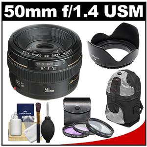 Canon EF 50mm f/1.4 USM Lens with Backpack + 3 UV/FLD/CPL Filters + Hood + Cleaning Kit - Digital Cameras and Accessories - Hip Lens.com