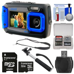 Coleman Duo 2V9WP Dual Screen Shock & Waterproof Digital Camera (Blue) with 32GB Card + Selfie Stick Monopod + Sling Strap + Kit