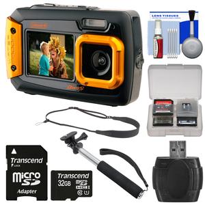 Coleman Duo 2V9WP Dual Screen Shock & Waterproof Digital Camera (Orange) with 32GB Card + Selfie Stick Monopod + Sling Strap + Kit